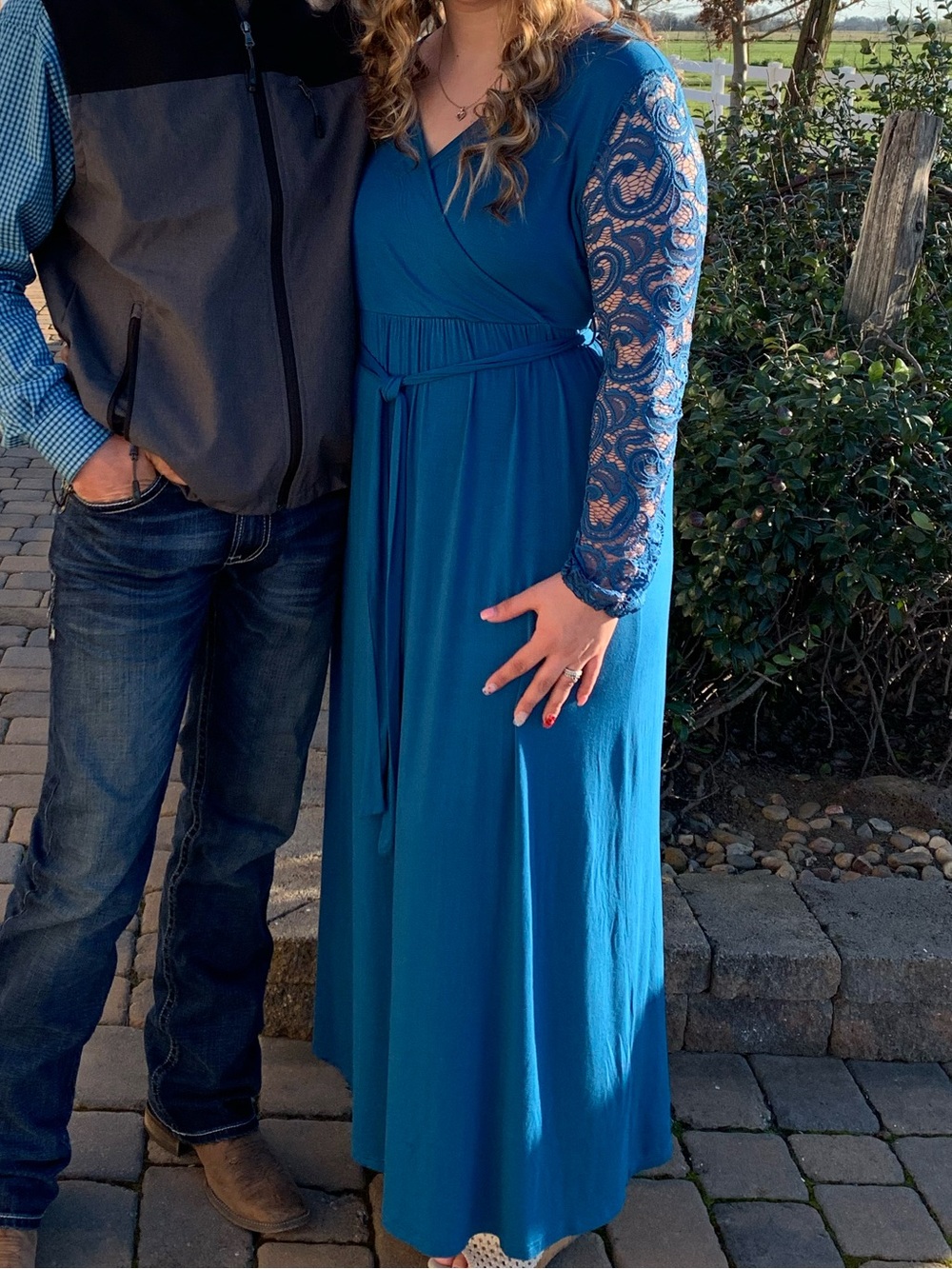 Women's Teal Lace-Sleeve Wrap Maxi Dress